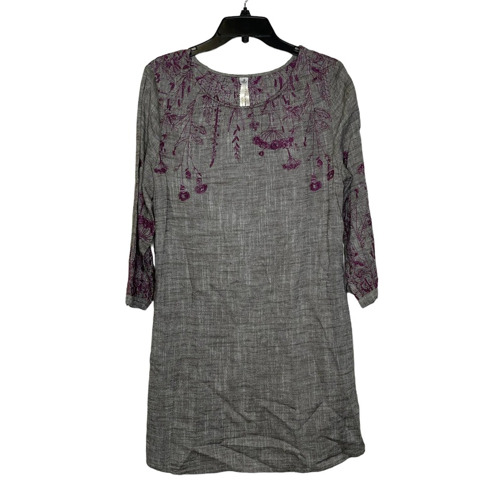 Uncle‎ Frank Dress Size Small Gray Purple Floral Embroidery Pockets Linen Blend